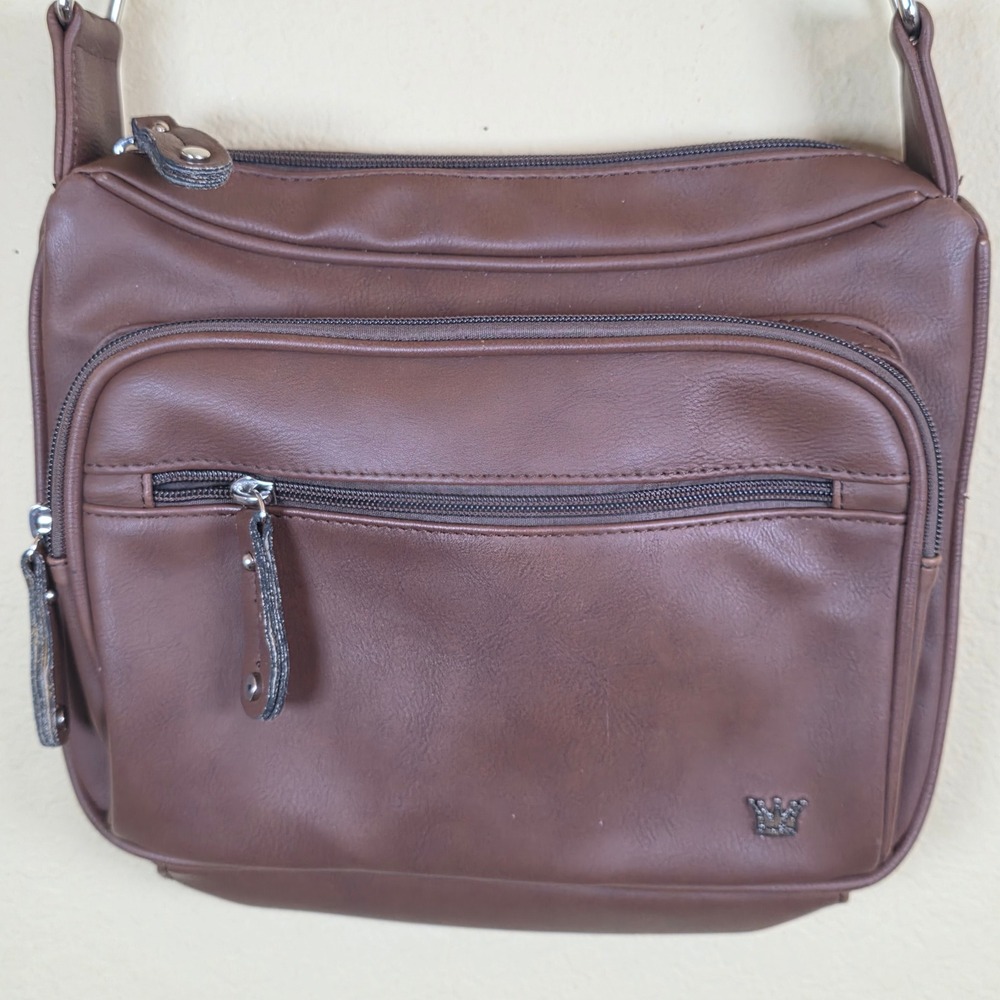 Purse King Brown Vegan Leather Crossbody Organizer Bag Multi Pocket Adjustable
